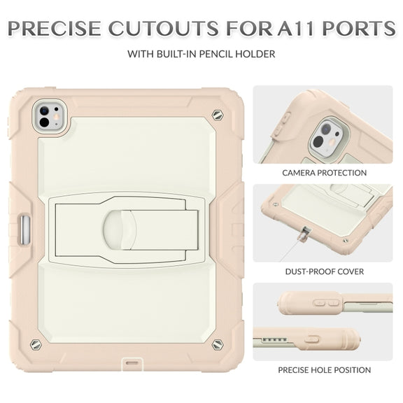 For iPad Pro 13 2024 Silicone Hydric PC Tablet Case with Shoulder Strap & Holder(Beige Rose Gold)