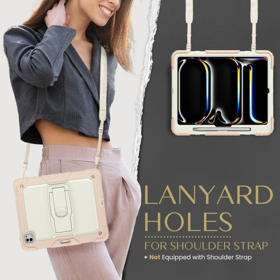 For iPad Pro 13 2024 Silicone Hydric PC Tablet Case with Shoulder Strap & Holder(Beige Rose Gold)