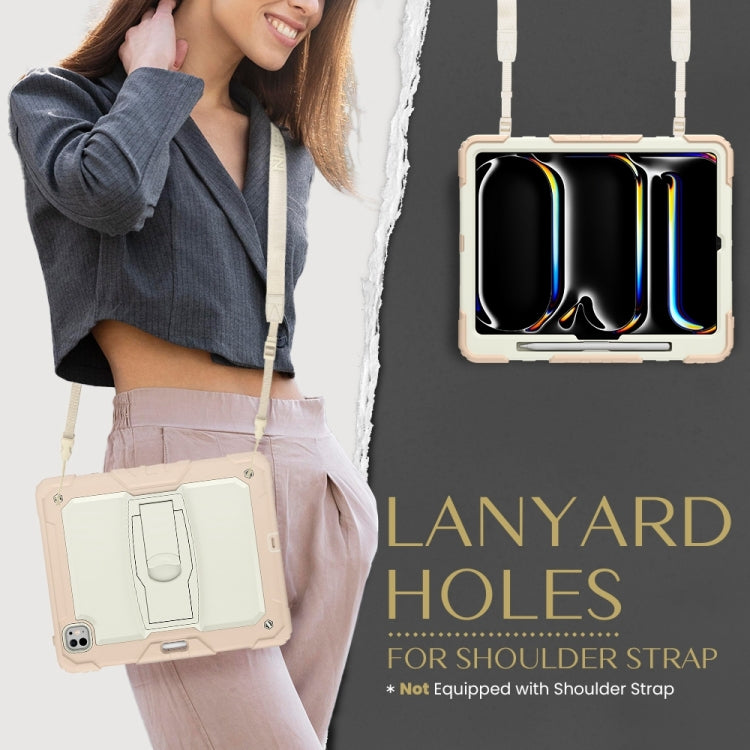 For iPad Pro 13 2024 Silicone Hydric PC Tablet Case with Shoulder Strap & Holder(Beige Rose Gold)