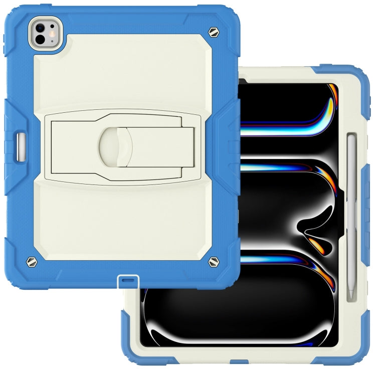 For iPad Pro 13 2024 Silicone Hydric PC Tablet Case with Shoulder Strap & Holder(Beige Cyan-blue)