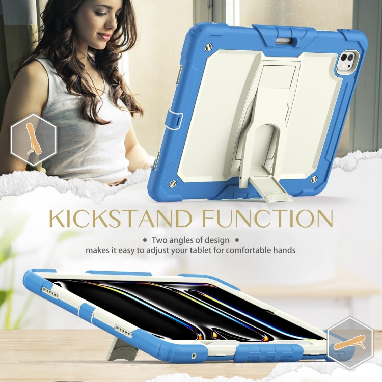 For iPad Pro 13 2024 Silicone Hydric PC Tablet Case with Shoulder Strap & Holder(Beige Cyan-blue)