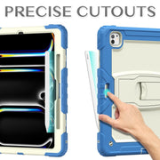 For iPad Pro 13 2024 Silicone Hydric PC Tablet Case with Shoulder Strap & Holder(Beige Cyan-blue)