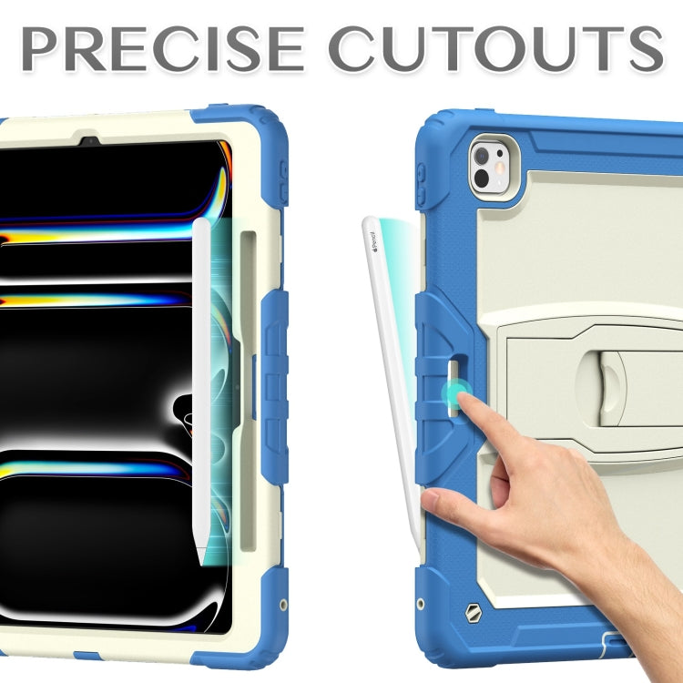 For iPad Pro 13 2024 Silicone Hydric PC Tablet Case with Shoulder Strap & Holder(Beige Cyan-blue)