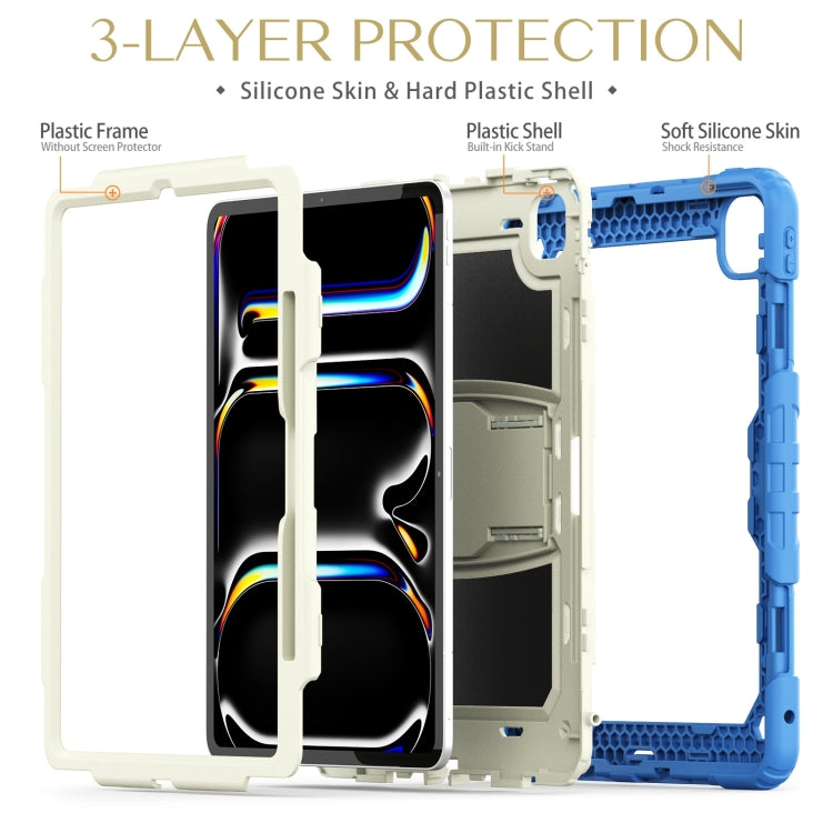 For iPad Pro 13 2024 Silicone Hydric PC Tablet Case with Shoulder Strap & Holder(Beige Cyan-blue)