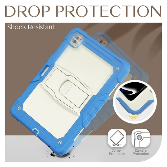 For iPad Pro 13 2024 Silicone Hydric PC Tablet Case with Shoulder Strap & Holder(Beige Cyan-blue)