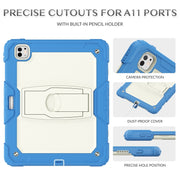 For iPad Pro 13 2024 Silicone Hydric PC Tablet Case with Shoulder Strap & Holder(Beige Cyan-blue)