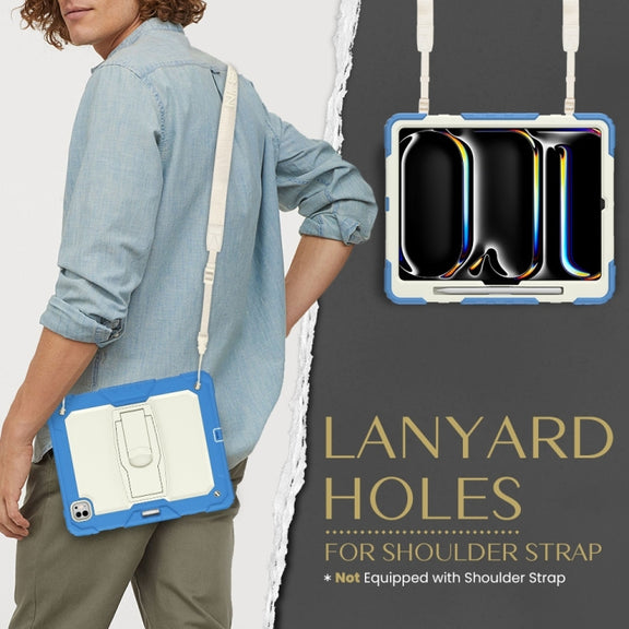 For iPad Pro 13 2024 Silicone Hydric PC Tablet Case with Shoulder Strap & Holder(Beige Cyan-blue)