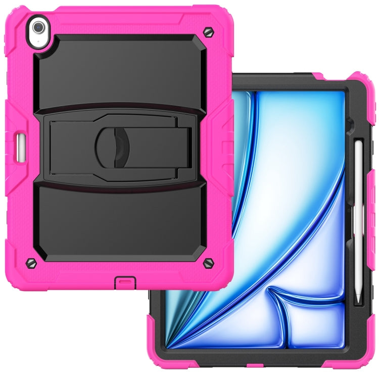 For iPad Air 13 2024 Silicone Hydric PC Tablet Case with Shoulder Strap & Holder(Rose Red)