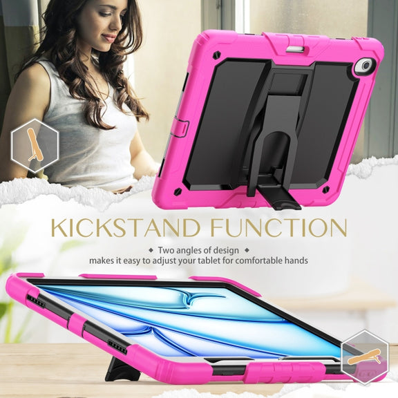 For iPad Air 13 2024 Silicone Hydric PC Tablet Case with Shoulder Strap & Holder(Rose Red)