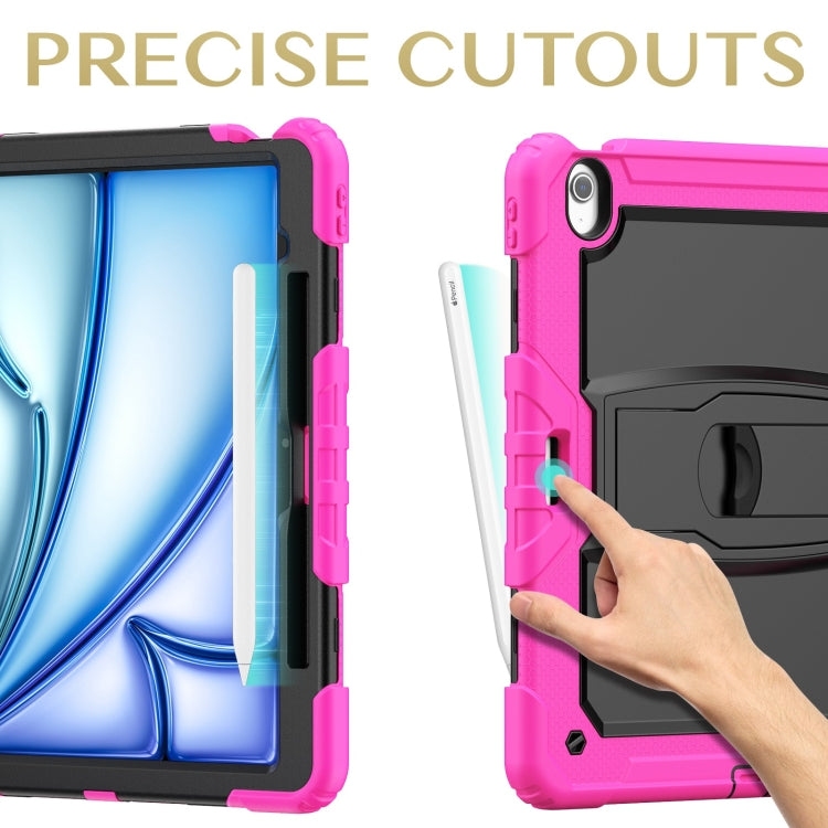 For iPad Air 13 2024 Silicone Hydric PC Tablet Case with Shoulder Strap & Holder(Rose Red)