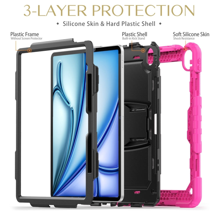 For iPad Air 13 2024 Silicone Hydric PC Tablet Case with Shoulder Strap & Holder(Rose Red)