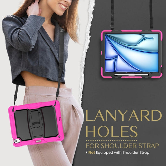 For iPad Air 13 2024 Silicone Hydric PC Tablet Case with Shoulder Strap & Holder(Rose Red)