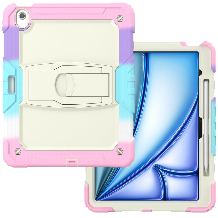 For iPad Air 13 2024 Silicone Hydric PC Tablet Case with Shoulder Strap & Holder(Camouflage Pink)