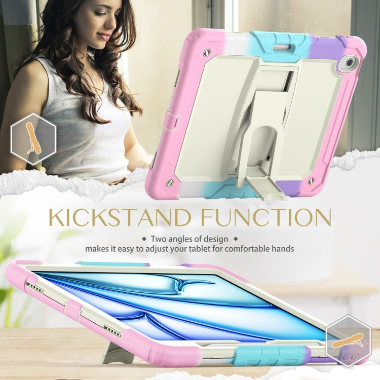 For iPad Air 13 2024 Silicone Hydric PC Tablet Case with Shoulder Strap & Holder(Camouflage Pink)