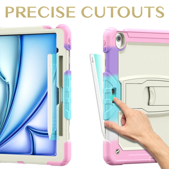 For iPad Air 13 2024 Silicone Hydric PC Tablet Case with Shoulder Strap & Holder(Camouflage Pink)