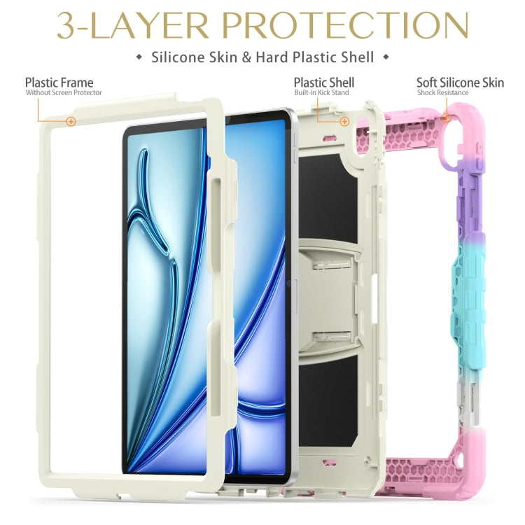For iPad Air 13 2024 Silicone Hydric PC Tablet Case with Shoulder Strap & Holder(Camouflage Pink)