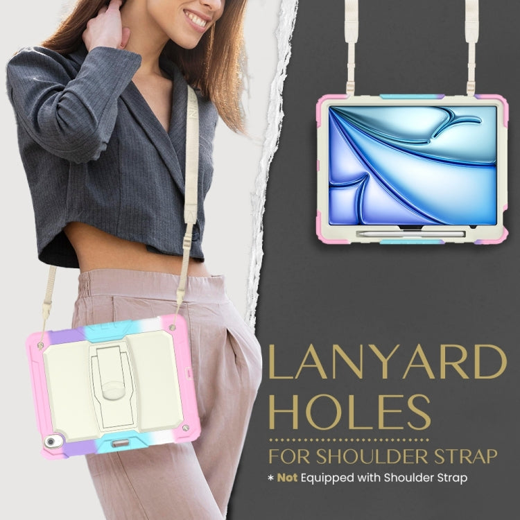 For iPad Air 13 2024 Silicone Hydric PC Tablet Case with Shoulder Strap & Holder(Camouflage Pink)