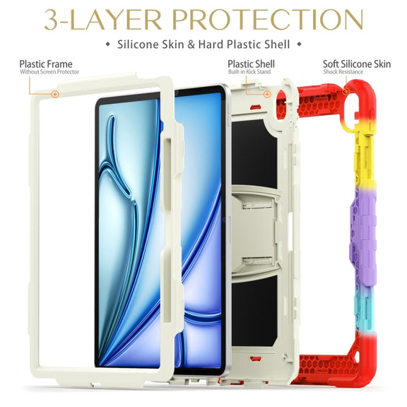 For iPad Air 13 2024 Silicone Hydric PC Tablet Case with Shoulder Strap & Holder(Camouflage Red)