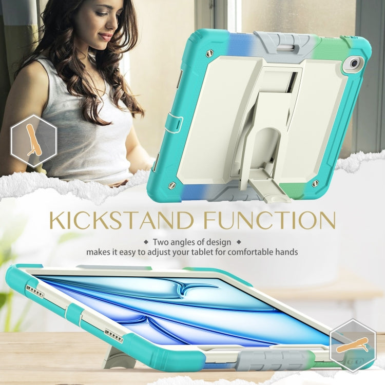 For iPad Air 13 2025 / 2024 Silicone Hydric PC Tablet Case with Shoulder Strap & Holder(Camouflage Light Blue)
