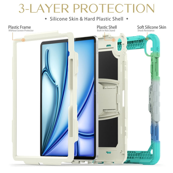For iPad Air 13 2025 / 2024 Silicone Hydric PC Tablet Case with Shoulder Strap & Holder(Camouflage Light Blue)