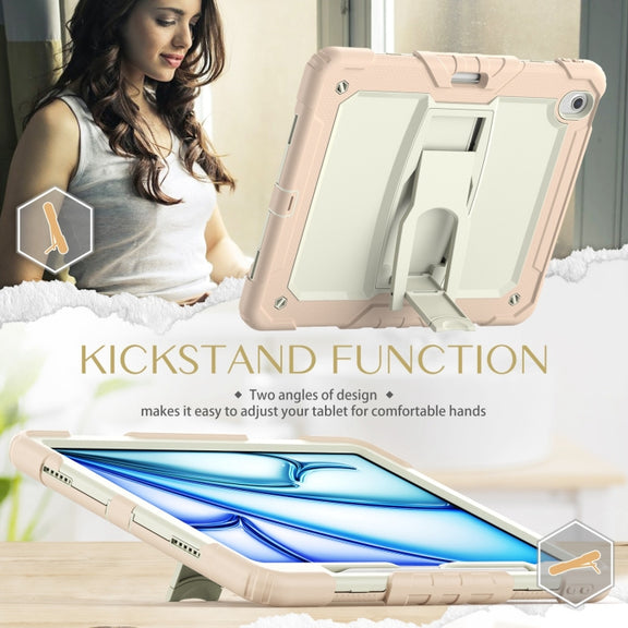 For iPad Air 13 2025 / 2024 Silicone Hydric PC Tablet Case with Shoulder Strap & Holder(Beige Rose Gold)