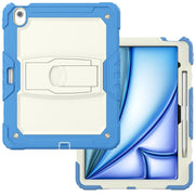 For iPad Air 13 2024 Silicone Hydric PC Tablet Case with Shoulder Strap & Holder(Beige Cyan-blue)