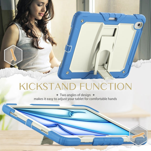 For iPad Air 13 2024 Silicone Hydric PC Tablet Case with Shoulder Strap & Holder(Beige Cyan-blue)