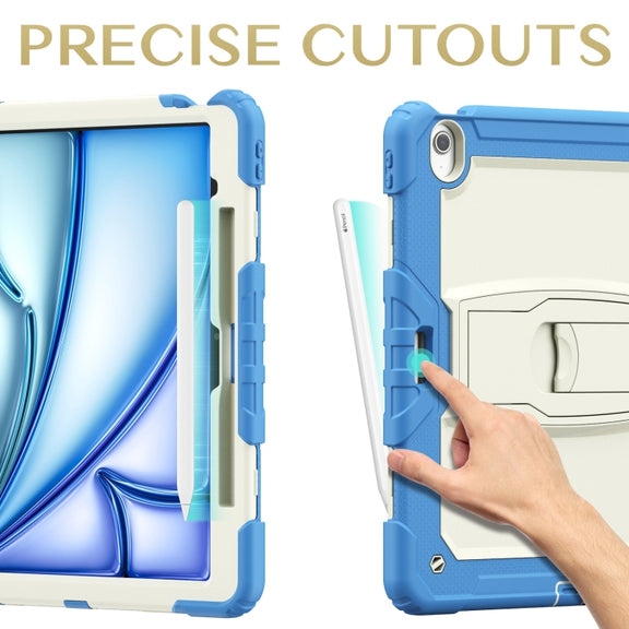 For iPad Air 13 2024 Silicone Hydric PC Tablet Case with Shoulder Strap & Holder(Beige Cyan-blue)