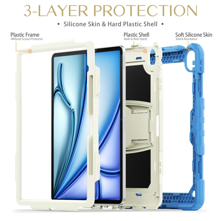 For iPad Air 13 2024 Silicone Hydric PC Tablet Case with Shoulder Strap & Holder(Beige Cyan-blue)