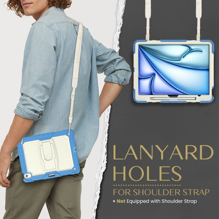For iPad Air 13 2024 Silicone Hydric PC Tablet Case with Shoulder Strap & Holder(Beige Cyan-blue)