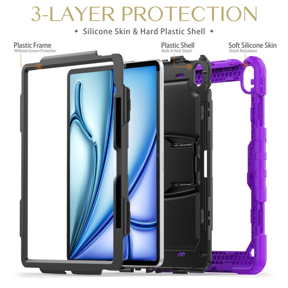 For iPad Air 13 2025 / 2024 Silicone Hydric PC Tablet Case with Shoulder Strap & Holder(Purple)