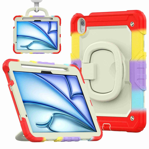 For iPad Air 11 2025 / 2024 Handle Silicone Hydric PC Tablet Case with Shoulder Strap(Rainbow Red)