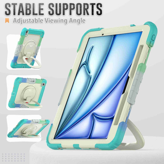 For iPad Air 11 2024 Handle Silicone Hydric PC Tablet Case with Shoulder Strap(Rainbow Blue)
