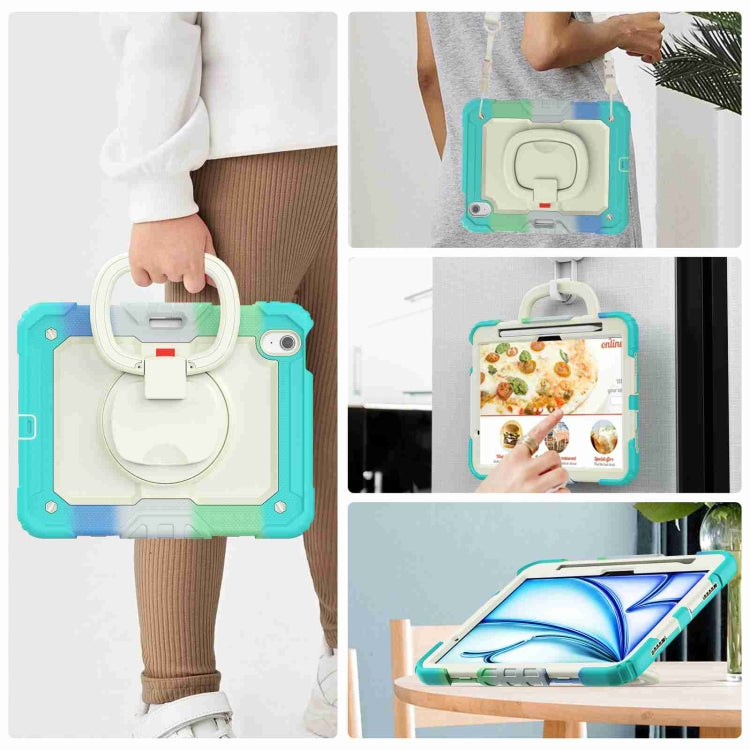 For iPad Air 11 2024 Handle Silicone Hydric PC Tablet Case with Shoulder Strap(Rainbow Blue)