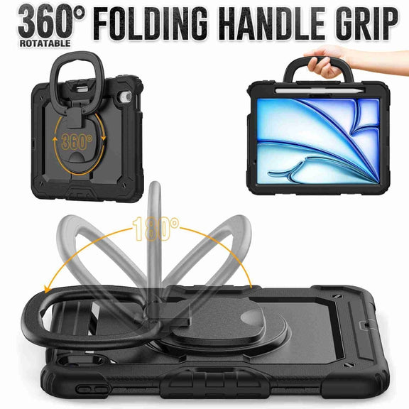 For iPad Air 11 2024 Handle Silicone Hydric PC Tablet Case with Shoulder Strap(Black)