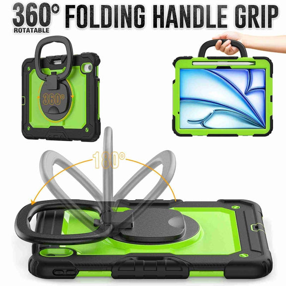 For iPad Air 11 2024 Handle Silicone Hydric PC Tablet Case with Shoulder Strap(Yellow Grenn PC)