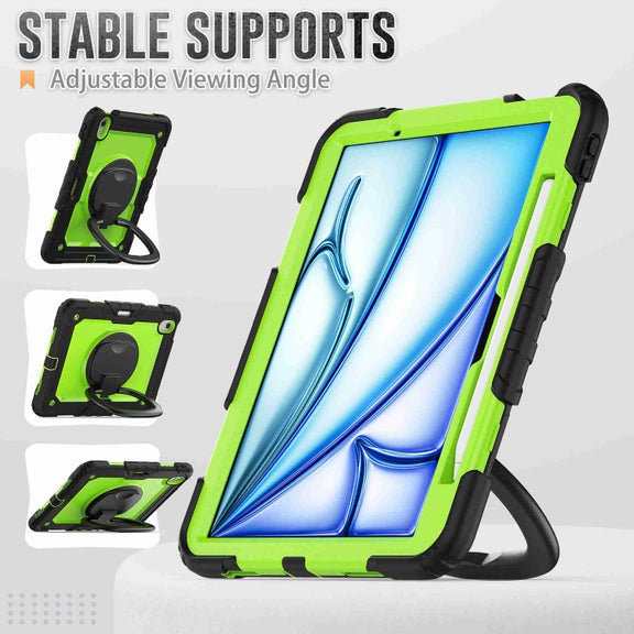 For iPad Air 11 2024 Handle Silicone Hydric PC Tablet Case with Shoulder Strap(Yellow Grenn PC)