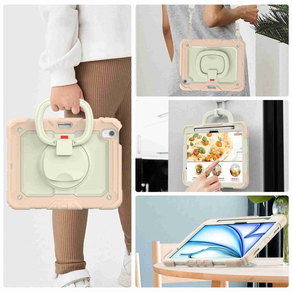 For iPad Air 11 2024 Handle Silicone Hydric PC Tablet Case with Shoulder Strap(Rose Gold)