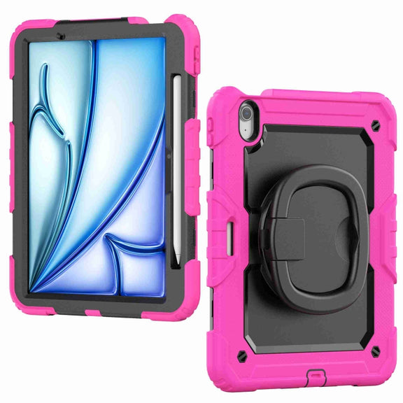 For iPad Air 11 2024 Handle Silicone Hydric PC Tablet Case with Shoulder Strap(Rose Red)