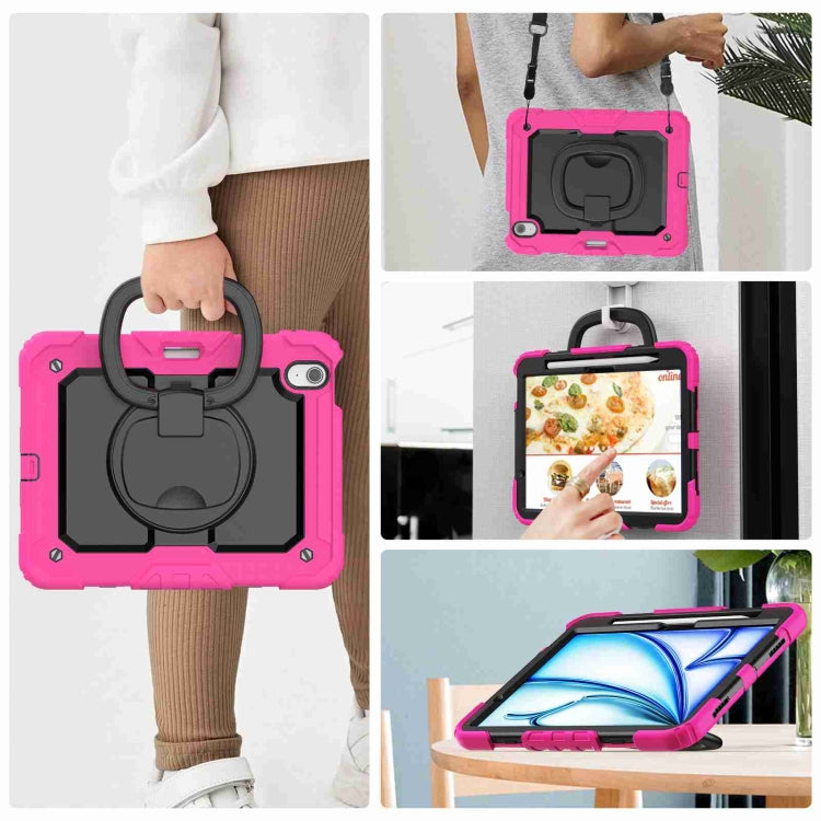 For iPad Air 11 2024 Handle Silicone Hydric PC Tablet Case with Shoulder Strap(Rose Red)