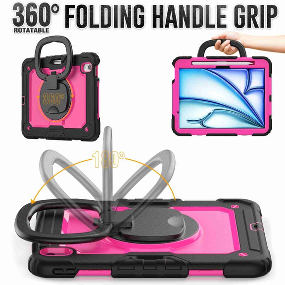 For iPad Air 11 2024 Handle Silicone Hydric PC Tablet Case with Shoulder Strap(Rose Red PC)