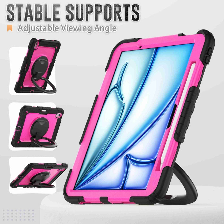 For iPad Air 11 2024 Handle Silicone Hydric PC Tablet Case with Shoulder Strap(Rose Red PC)