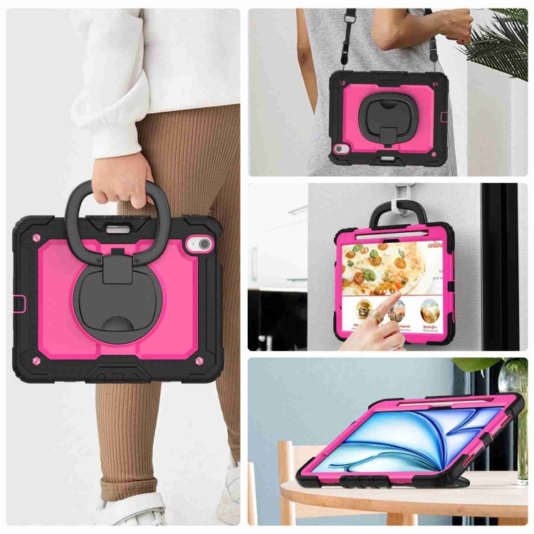 For iPad Air 11 2024 Handle Silicone Hydric PC Tablet Case with Shoulder Strap(Rose Red PC)
