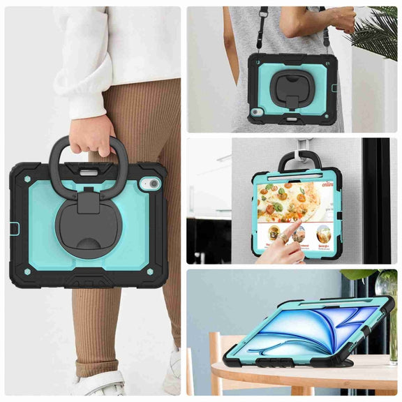 For iPad Air 11 2024 Handle Silicone Hydric PC Tablet Case with Shoulder Strap(Light Blue PC)
