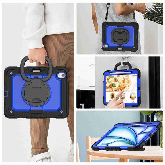 For iPad Air 11 2024 Handle Silicone Hydric PC Tablet Case with Shoulder Strap(Dark Blue PC)