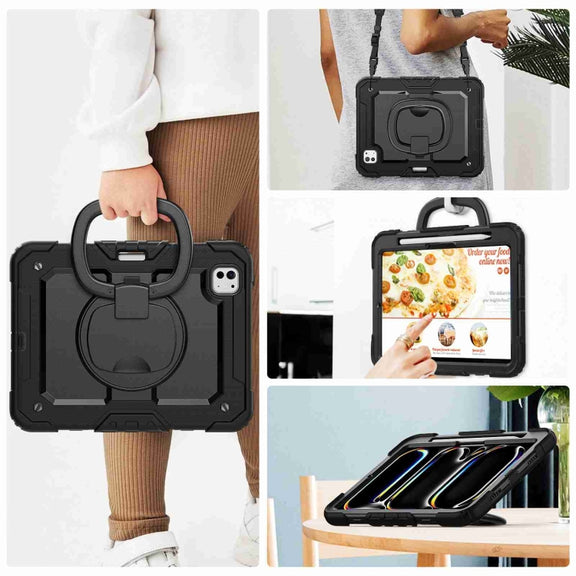 For iPad Pro 11 2024 Handle Silicone Hydric PC Tablet Case with Shoulder Strap(Black)