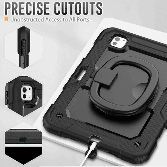For iPad Pro 11 2024 Handle Silicone Hydric PC Tablet Case with Shoulder Strap(Black)