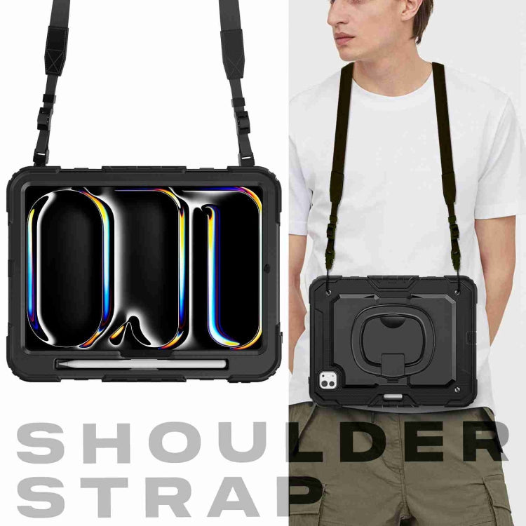For iPad Pro 11 2024 Handle Silicone Hydric PC Tablet Case with Shoulder Strap(Black)