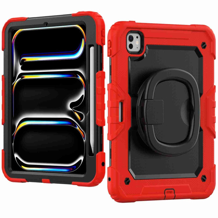 For iPad Pro 11 2024 Handle Silicone Hydric PC Tablet Case with Shoulder Strap(Red)