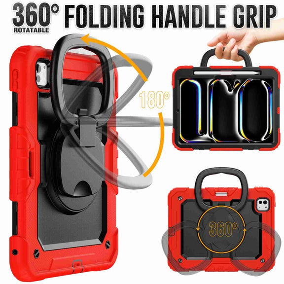 For iPad Pro 11 2024 Handle Silicone Hydric PC Tablet Case with Shoulder Strap(Red)